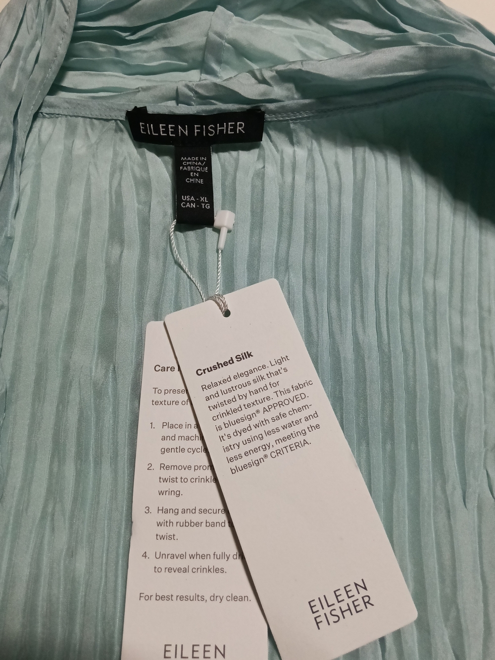 Eileen Fisher Crushed Pool Blue Silk Stand Collar Open-Front Cardigan/Jacket XL - Picture 9 of 11